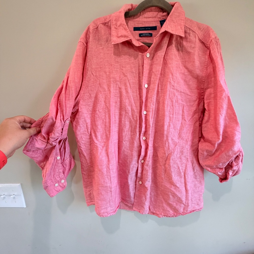Perry Ellis Linen Blend Button Down Shirt Mens Large Pink Roll Tab Minimalist